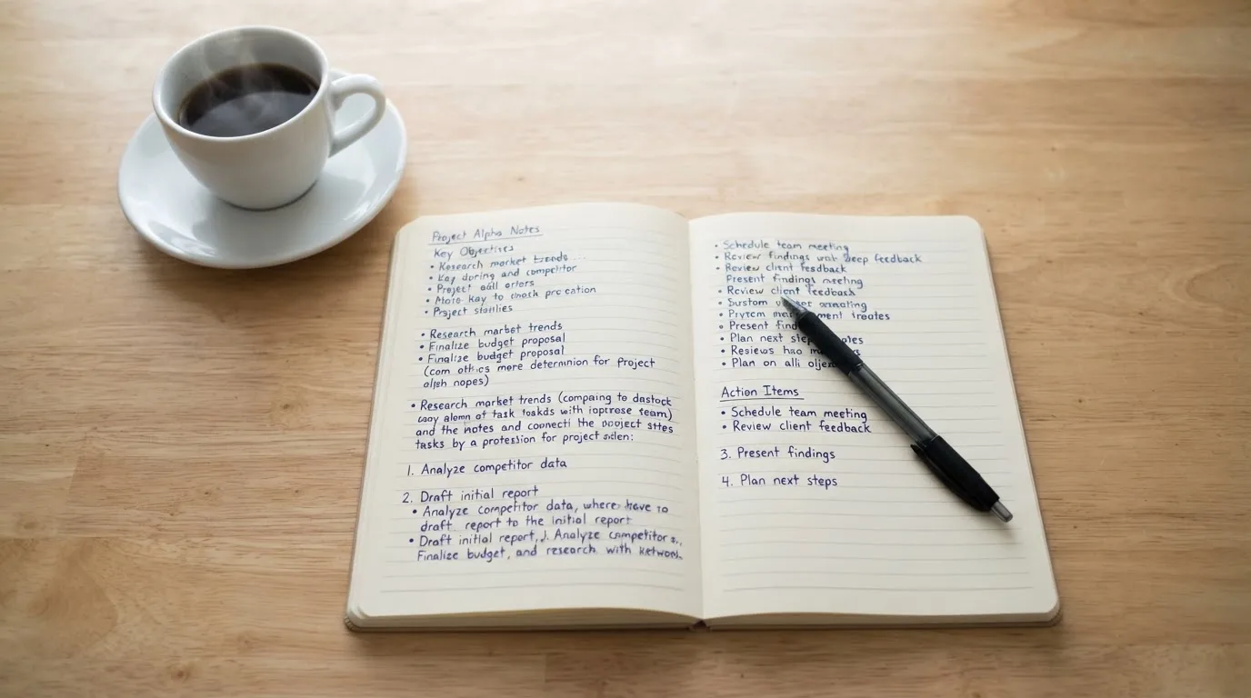 Ein aufgeschlagenes Notizbuch mit handschriftlichen Notizen und ein Kugelschreiber liegen auf einem hellen Schreibtisch neben einer Kaffeetasse.