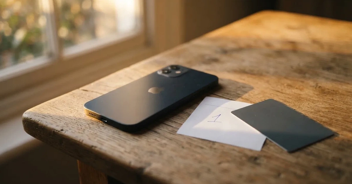 Ein Smartphone liegt mit dem Display nach unten auf einem Holztisch, daneben ein paar Euro-Münzen und eine unbeschriftete Plastikkarte im Morgenlicht.