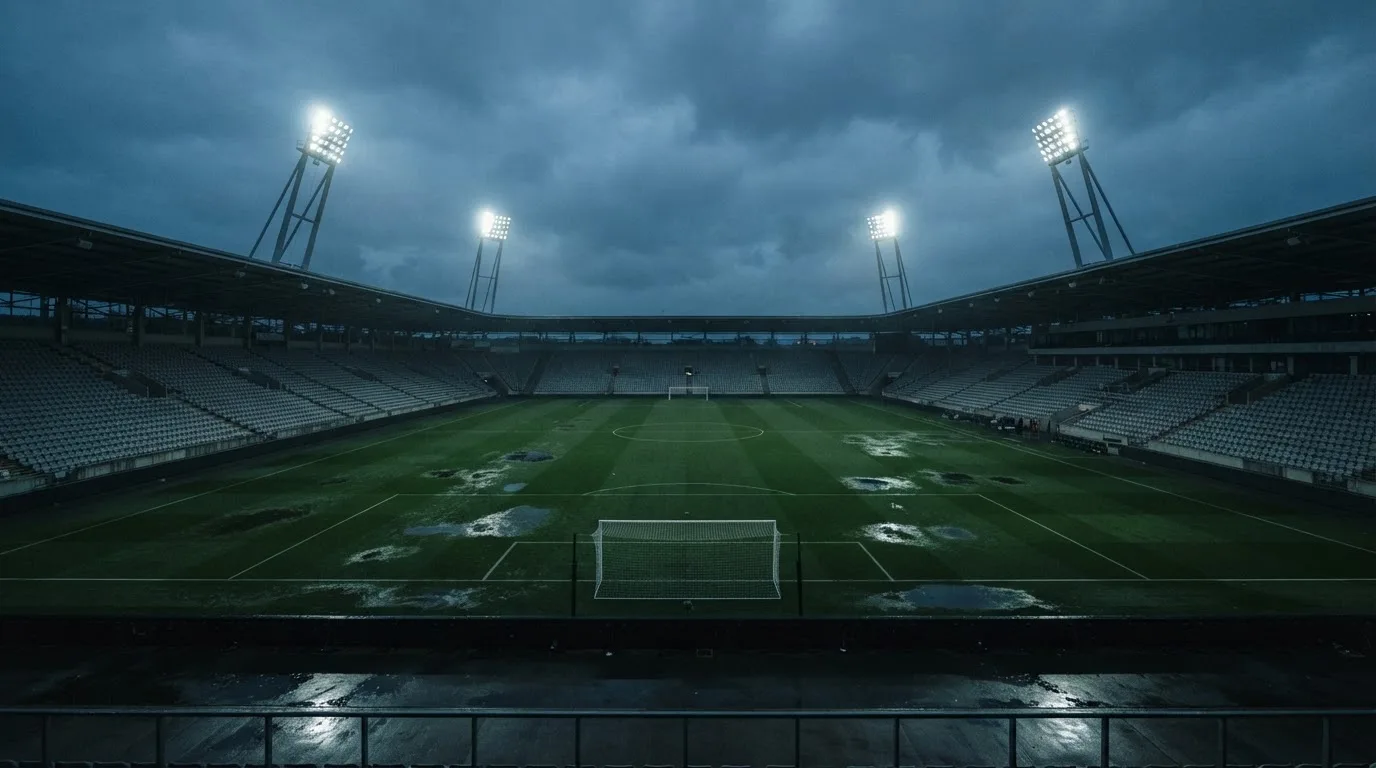 Ein Fußballplatz mit Flutlichtmasten in der Abenddämmerung, aus der Ferne gesehen, leere Tribünen und nasser Rasen unter bewölktem Himmel.