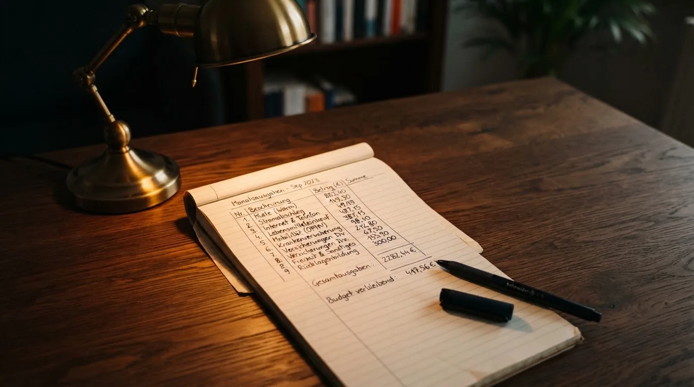 Ein Taschenrechner und ein Blatt Papier mit handschriftlichen Notizen liegen auf einem Schreibtisch unter dem warmen Licht einer Lampe.