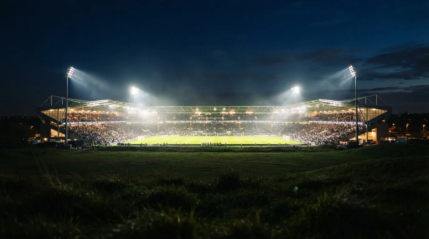 Ein Stadion unter Flutlicht bei Nacht, von einem Hügel aus der Ferne betrachtet, mit Dunst über dem Spielfeld.