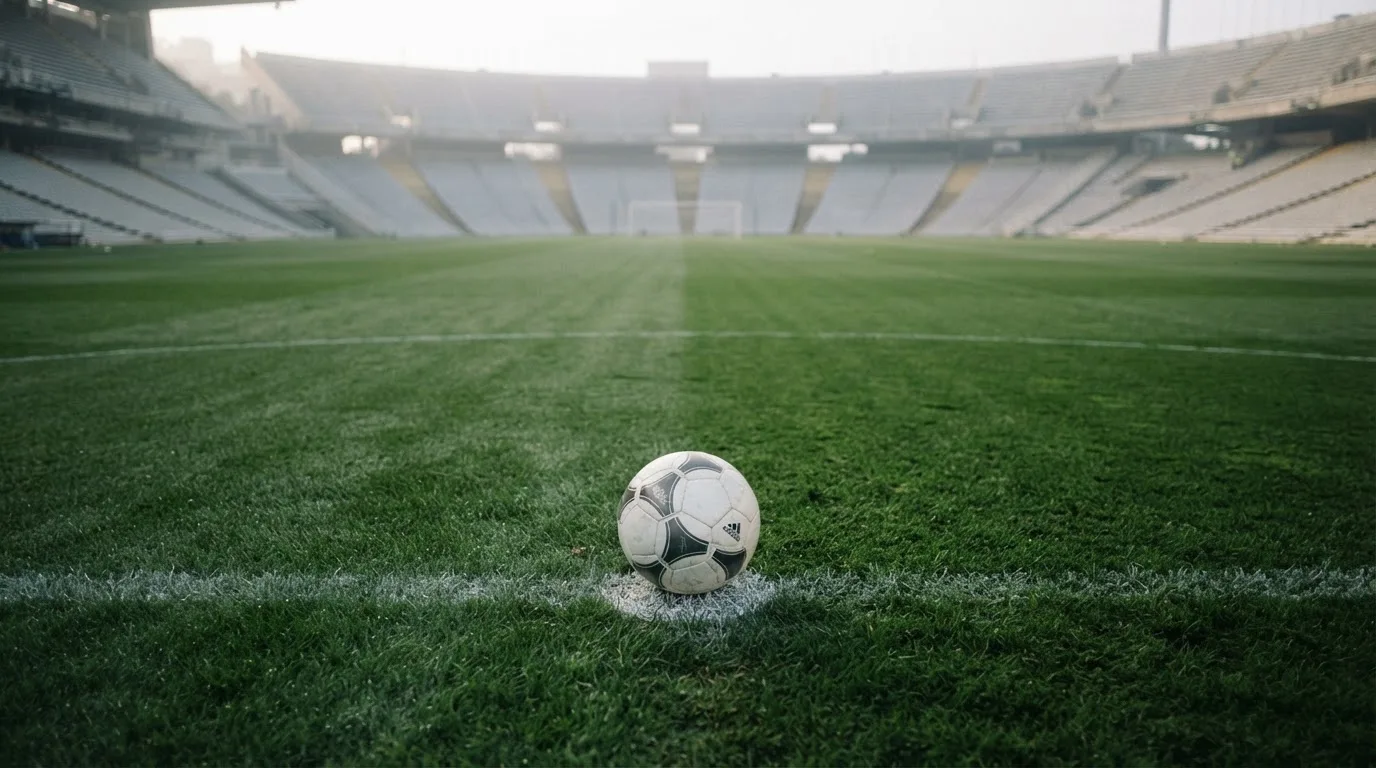 Ein Fußball liegt auf dem Elfmeterpunkt eines leeren Rasenplatzes, im Hintergrund eine Tribüne im Dunst.