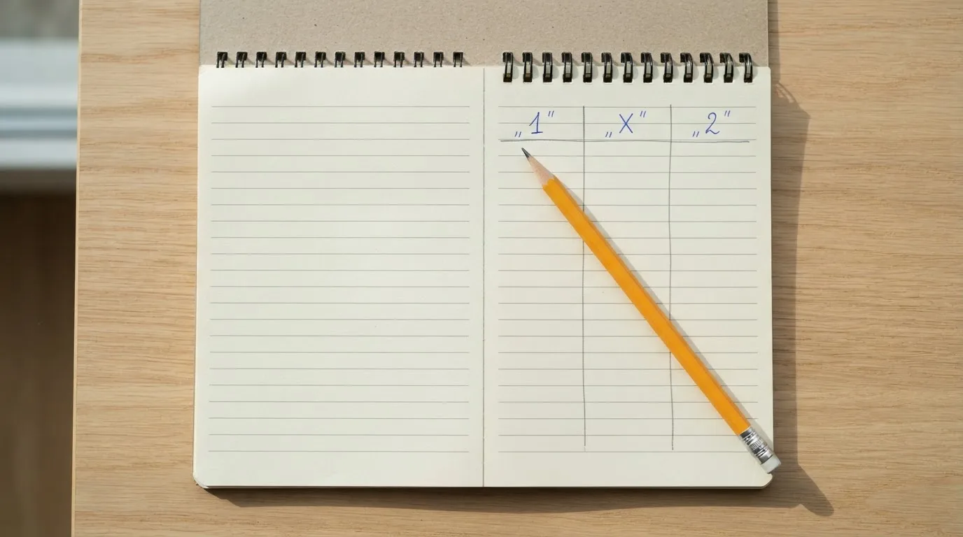 Ein Notizbuch mit drei handgezeichneten Spalten und ein Bleistift liegen auf einem Holztisch, seitlich fällt Tageslicht herein.