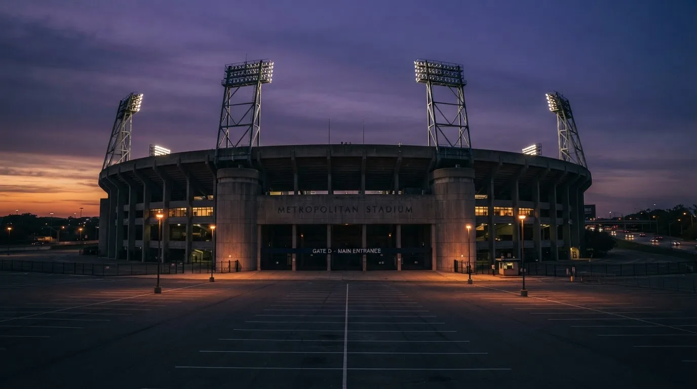 Ein Fußballstadion von außen in der Dämmerung, hohe Flutlichtmasten vor einem violetten Himmel, davor ein leerer Parkplatz.