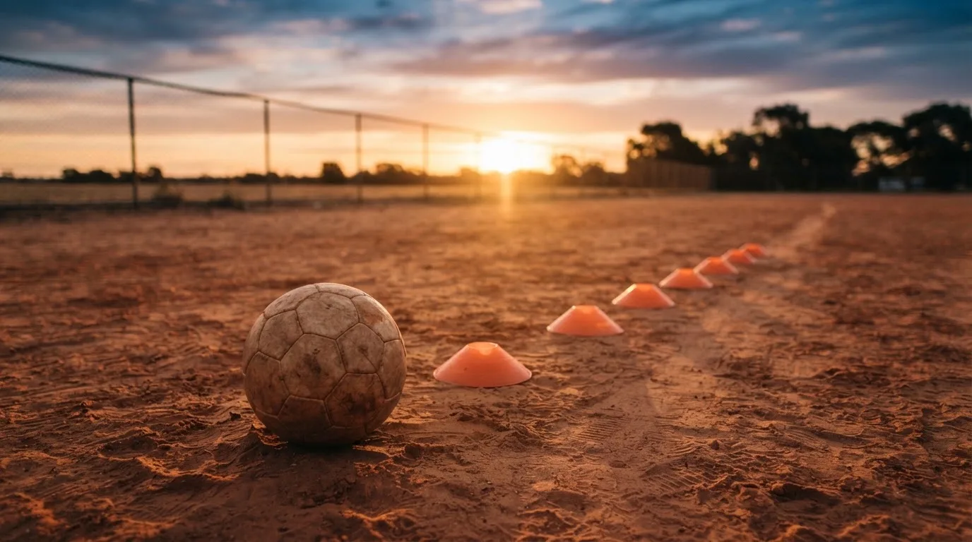 Ein Fußball auf rotem Sandboden neben einer Reihe Hütchen auf einem Trainingsplatz bei untergehender Sonne.
