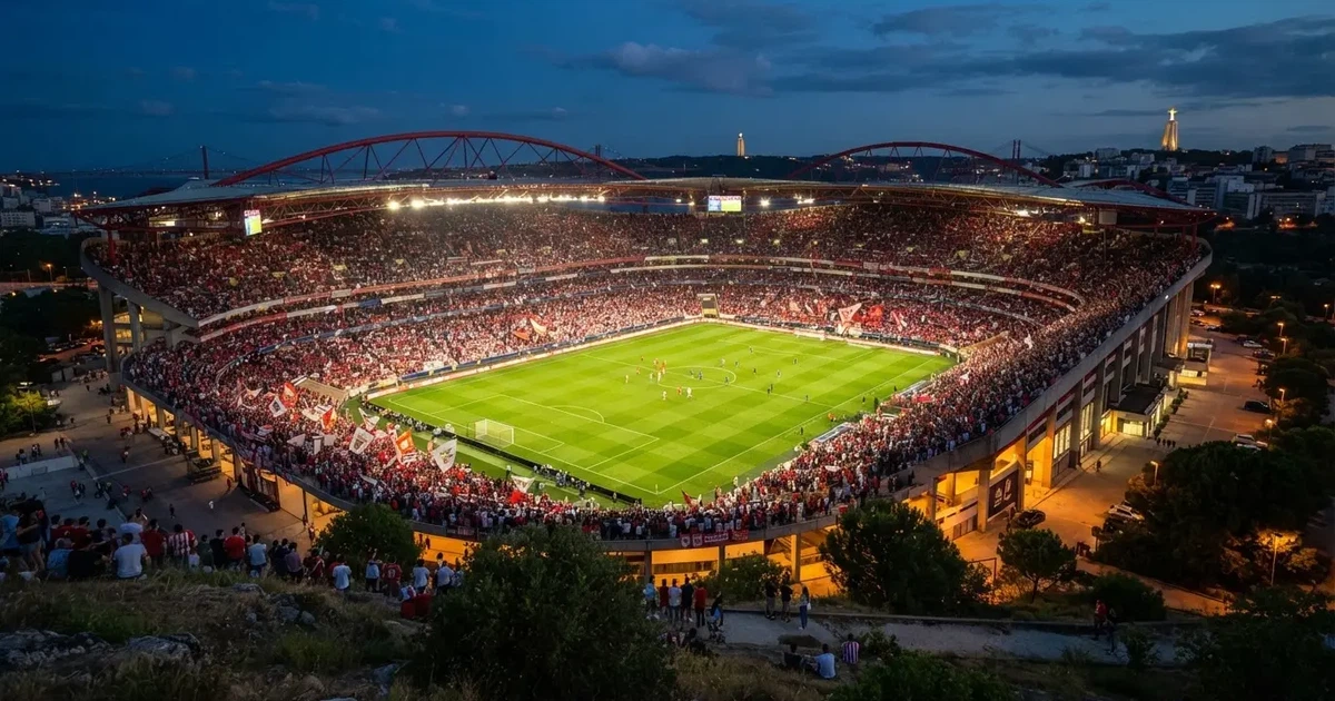 Ein Fußballstadion unter Flutlicht mit hellen Rängen, von einem Hügel aus gesehen, darüber ein dunkelblauer Abendhimmel.