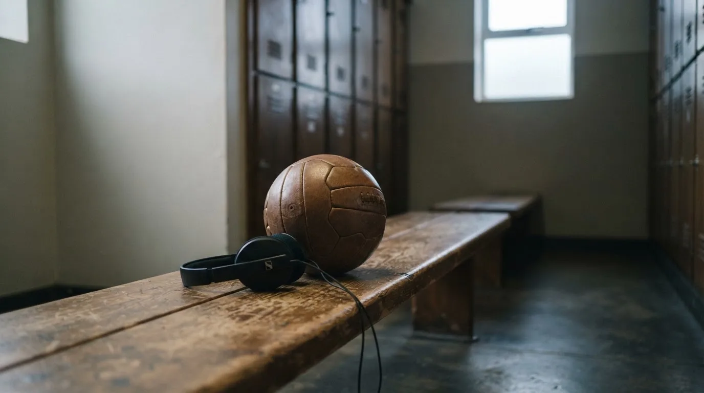 Ein Fußball liegt neben Kopfhörern auf einer Holzbank in einer Umkleide, Licht fällt durch ein schmales Fenster.