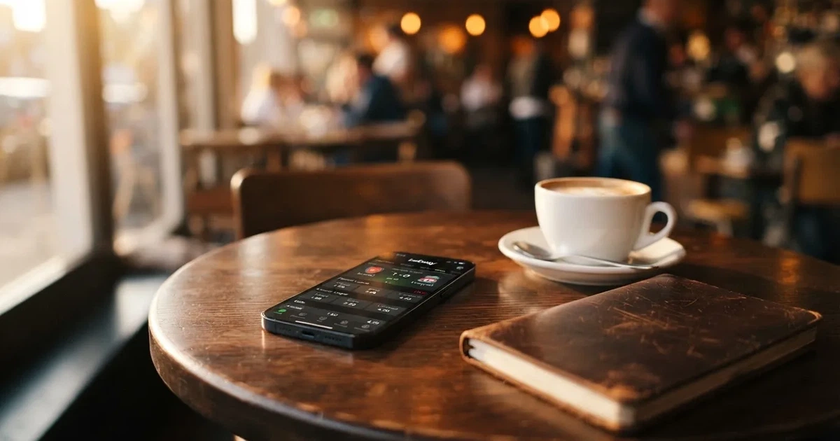 Ein Smartphone mit dunklem Bildschirm liegt auf einem Tisch in einem Café, daneben eine Tasse und ein Notizbuch.