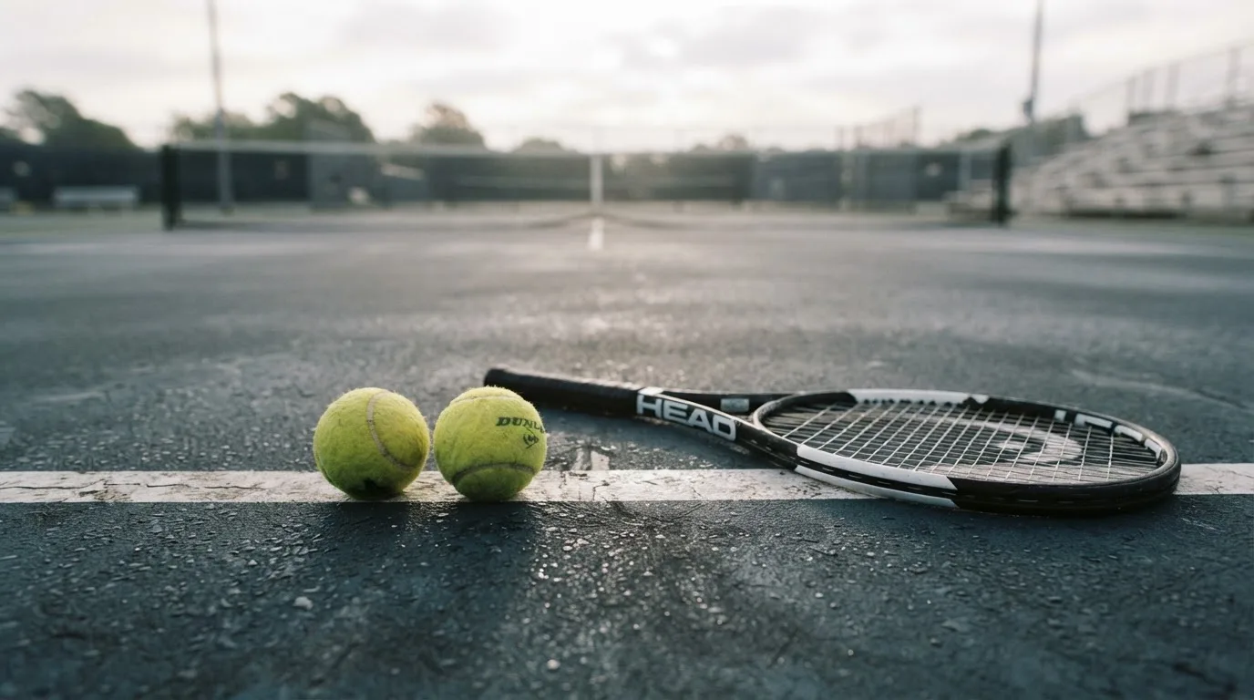 Zwei Tennisbälle und ein Schläger liegen auf der Grundlinie eines Hartplatzes, kleine Wassertropfen glänzen auf dem Belag.