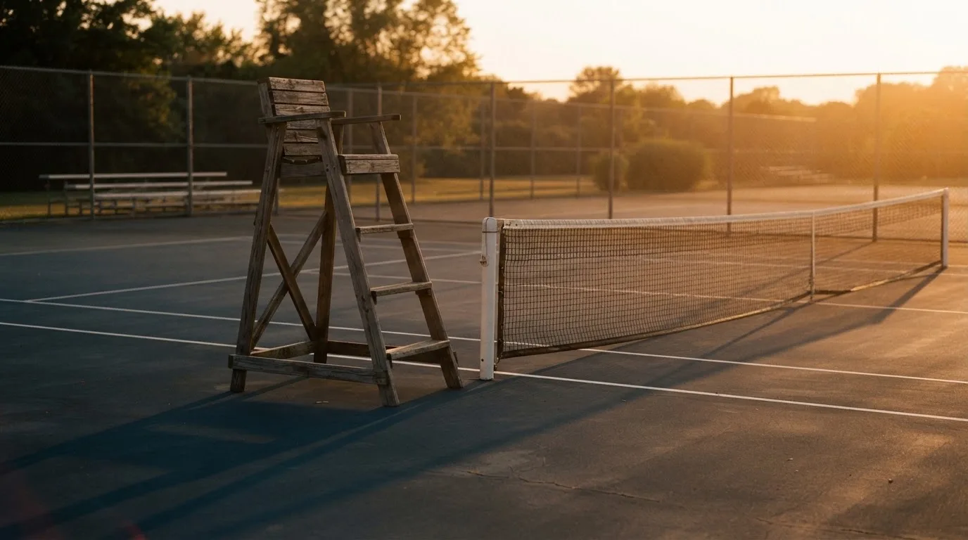 Ein leerer Schiedsrichterstuhl am Spielfeldrand eines Tennisplatzes im Abendlicht, lange Schatten auf dem Belag.