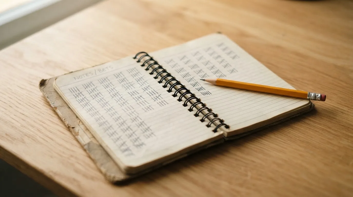 Ein handschriftlich geführtes Heft mit Strichlisten liegt neben einem Bleistift auf einem Tisch, seitlich fällt Tageslicht herein.