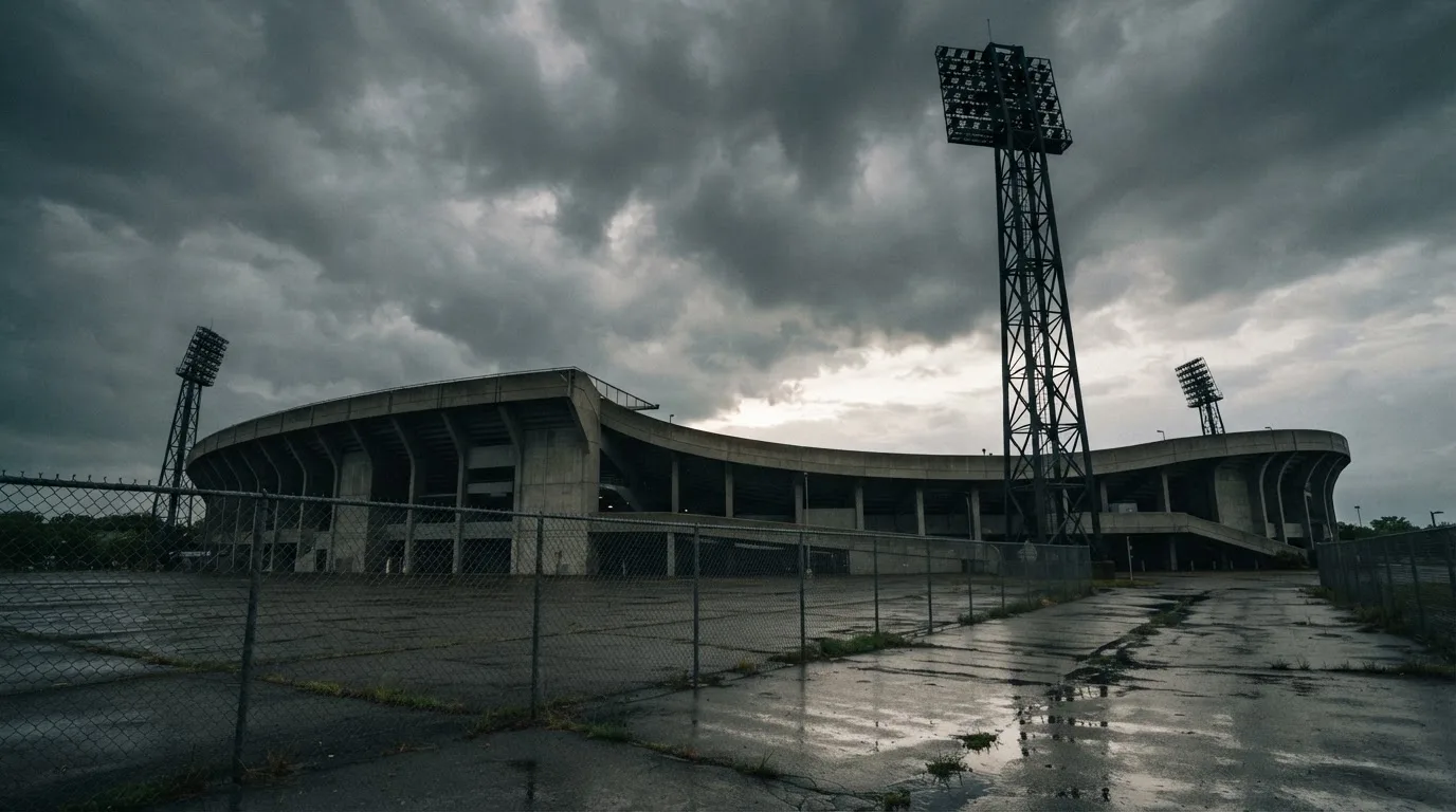 Ein leeres Stadion von außen, hohe Flutlichtmasten vor einem grauen Himmel mit Regenwolken.