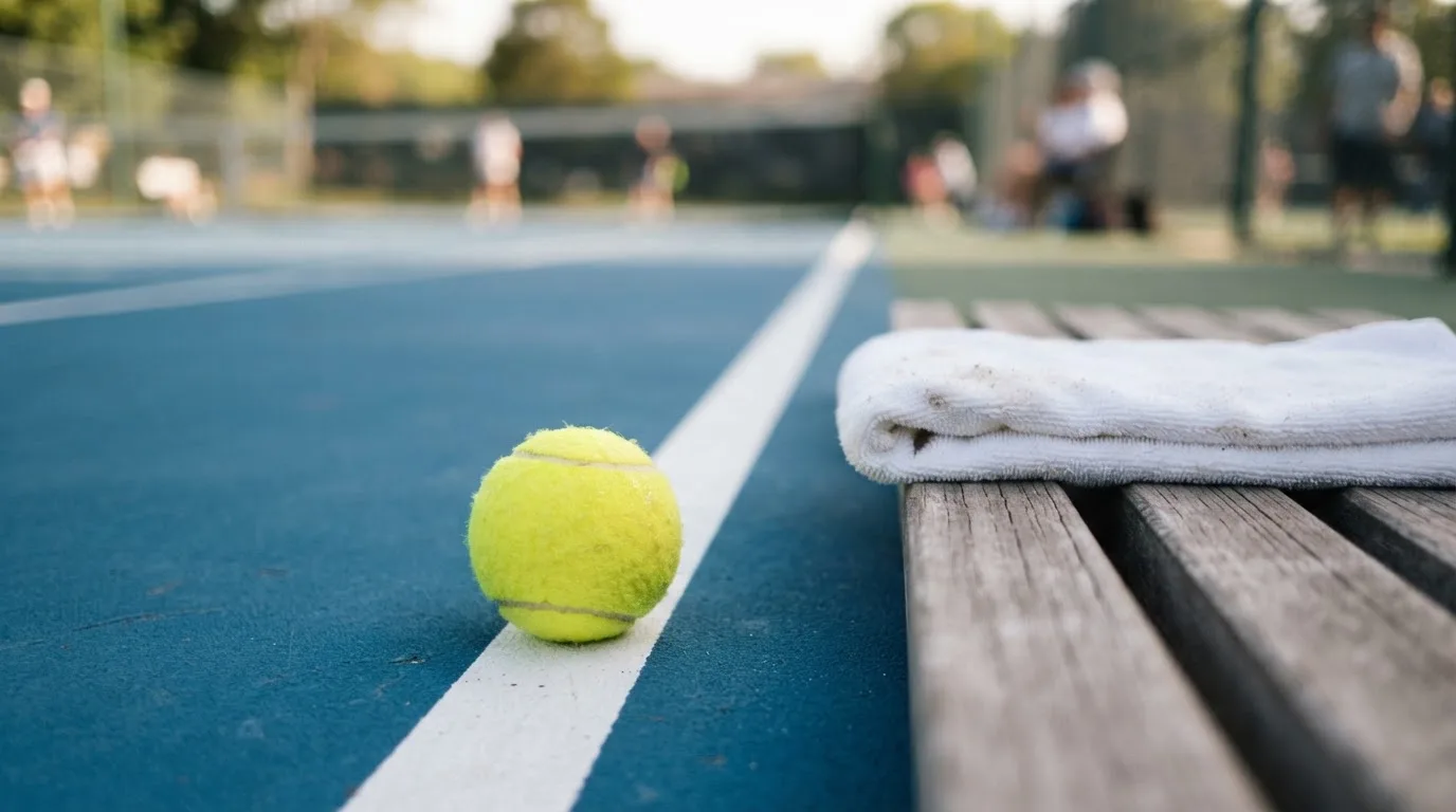 Ein gelber Tennisball liegt auf einer weißen Linie, daneben ein Handtuch auf einer Bank am Spielfeldrand.