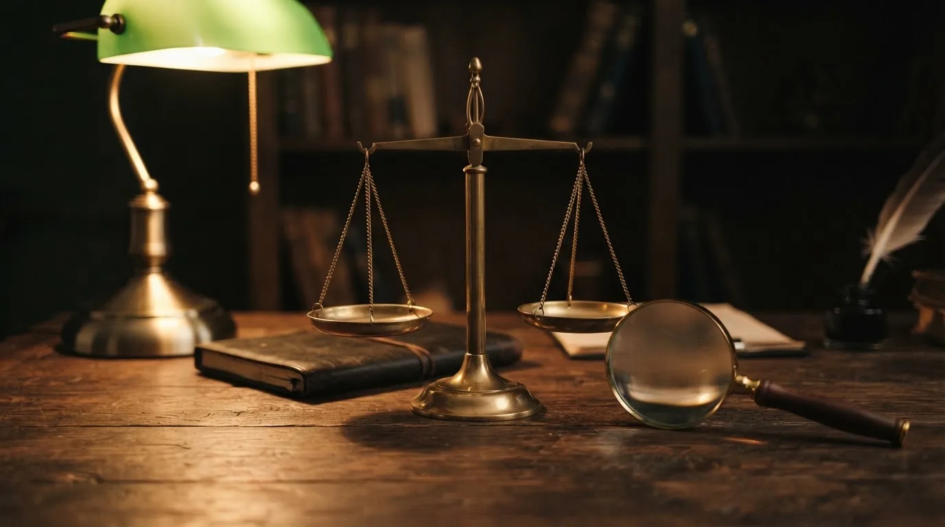 Eine Waage aus Messing steht neben einer Lupe auf einem polierten Schreibtisch im Licht einer Lampe.