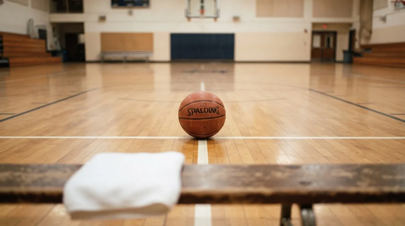 Ein Basketball liegt auf der Freiwurflinie einer Halle, im Vordergrund ein Handtuch auf einer Bank.
