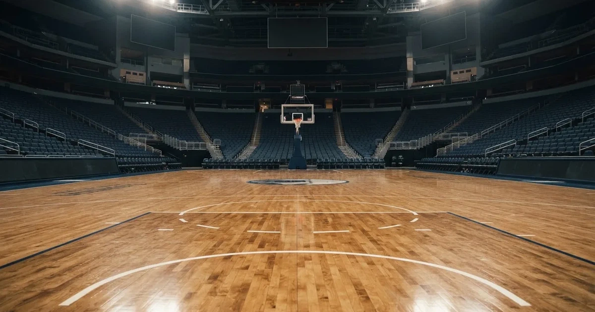Eine leere Basketballhalle mit glänzendem Parkett und einem Korb im Hintergrund, Licht von Deckenstrahlern spiegelt sich im Boden.