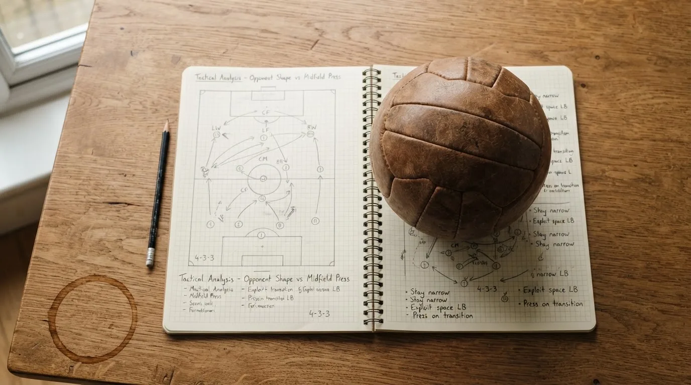 Ein Fußball liegt auf einem Notizbuch mit handgezeichneten Skizzen von Spielzügen, aufgenommen von oben auf einem Holztisch.