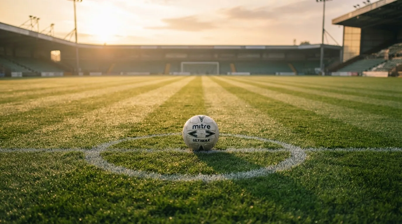 Ein Fußball liegt auf dem Anstoßpunkt eines Rasens bei Sonnenaufgang, Tau glitzert auf den Halmen.