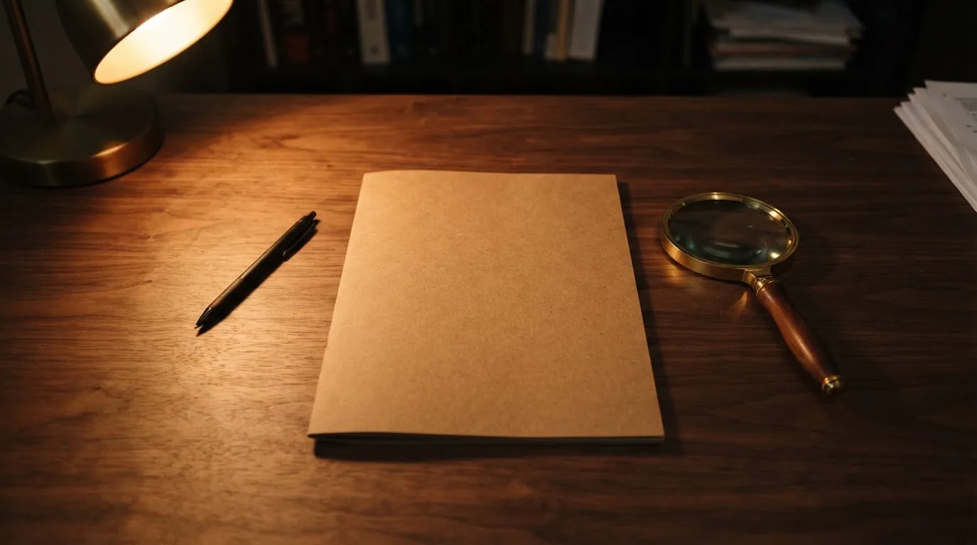 Ein Schreibtisch mit Kugelschreiber, Lupe und einem geschlossenen Ordner ohne Beschriftung in warmem Lampenlicht.
