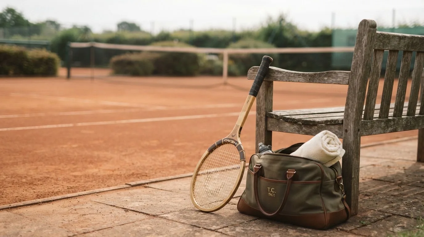 Ein Tennisschläger lehnt an einer Bank neben einer Sporttasche, im Hintergrund ein leerer Platz.
