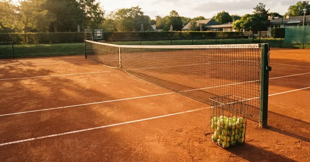 Ein Sandplatz mit frisch gezogenen Linien in der Nachmittagssonne, Netz und Ballkorb am Rand, keine Menschen.