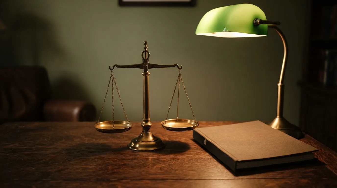 Eine Waage aus Messing und ein geschlossener Ordner ohne Beschriftung stehen neben einer Tischlampe auf einem Schreibtisch.