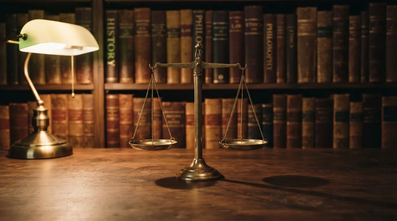 Eine Balkenwaage aus Messing steht auf einem dunklen Holztisch vor einer Bücherwand, gedämpftes Licht, keine lesbare Beschriftung.