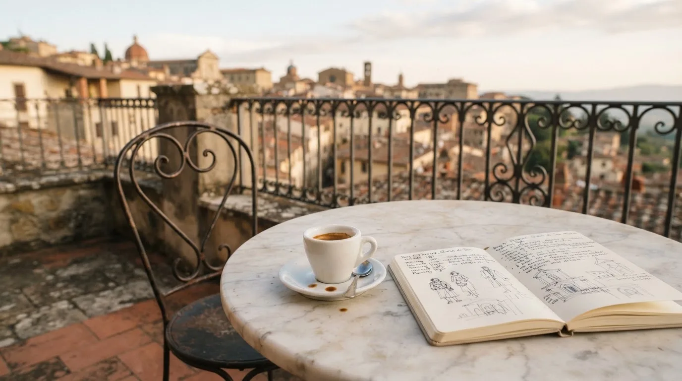Eine Espressotasse steht auf einem kleinen Marmortisch einer Terrasse, daneben ein Notizheft mit handschriftlichen Skizzen.
