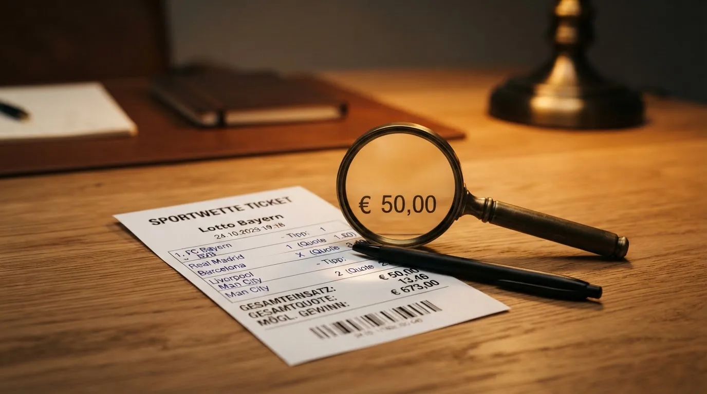 Ein leerer Wettschein aus Papier und ein Kugelschreiber liegen auf einem Schreibtisch neben einer Lupe.