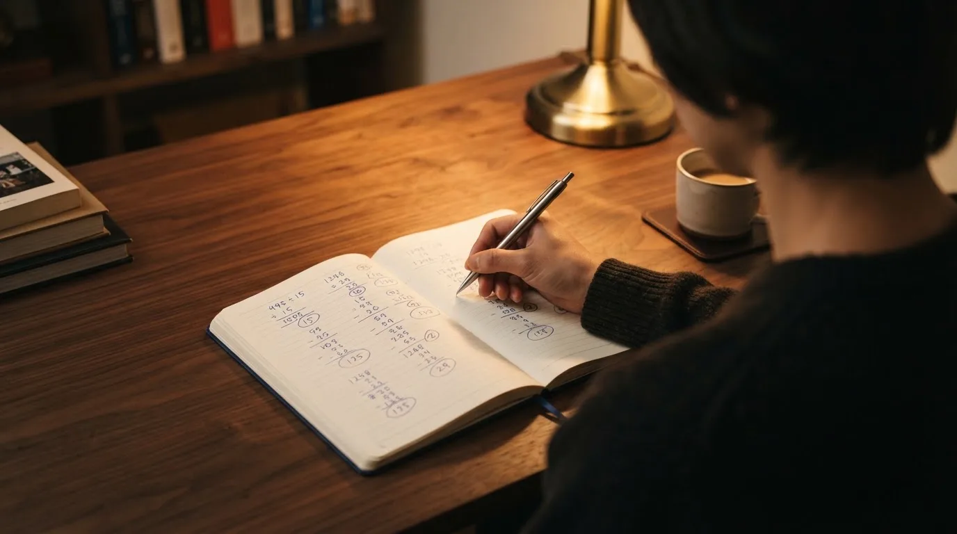 Ein Notizbuch mit handschriftlichen Rechnungen und ein Taschenrechner liegen auf einem aufgeräumten Schreibtisch in warmem Licht.
