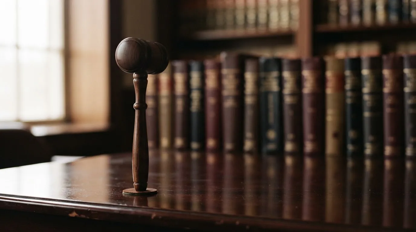 Ein Richterhammer aus Holz steht auf einer dunklen Schreibtischplatte, im Hintergrund ein unscharfes Bücherregal.