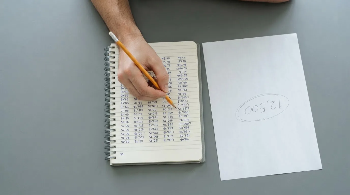 Ein Taschenrechner, ein Bleistift und ein Block mit handschriftlichen Zahlenreihen liegen auf einer grauen Arbeitsfläche.