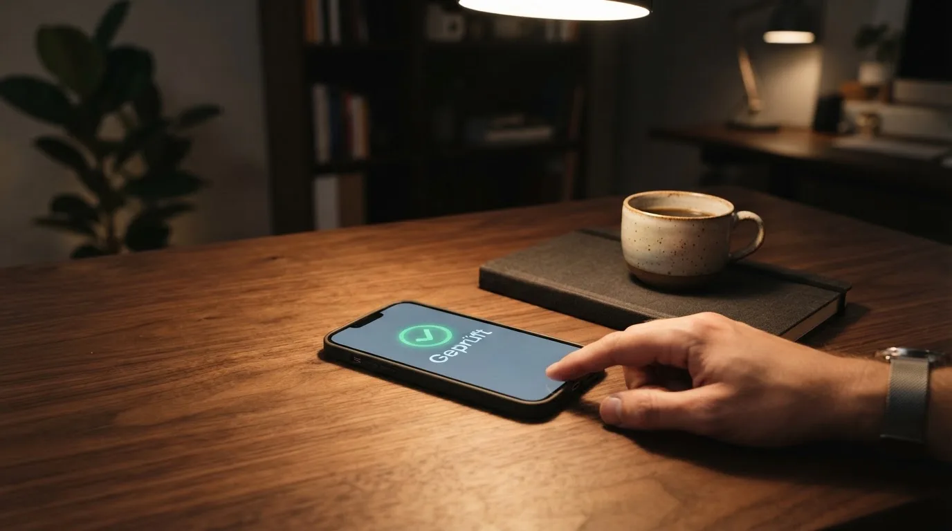Ein Smartphone liegt mit dunklem Display auf einem Schreibtisch neben einem Notizbuch und einer Kaffeetasse.