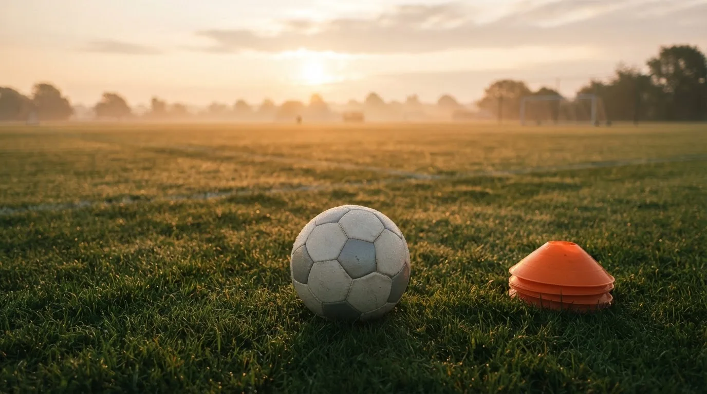 Ein Fußball liegt auf einem Rasenplatz bei Sonnenaufgang, daneben ein kleiner Stapel Trainingshütchen.