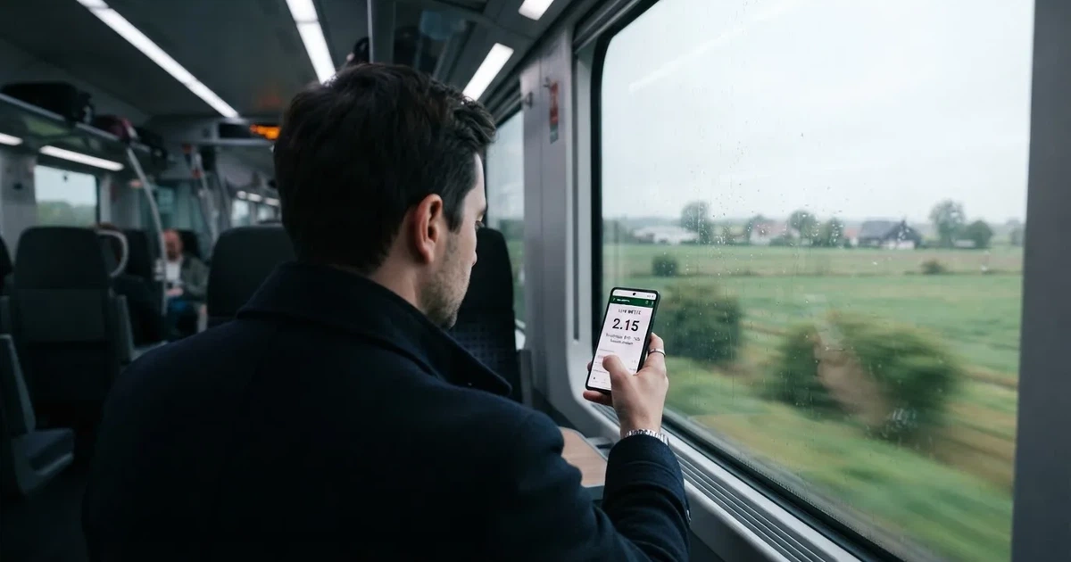 Eine Hand hält ein Smartphone mit dunklem Display in einem Zug, am Fenster ziehen verschwommen Felder vorbei.
