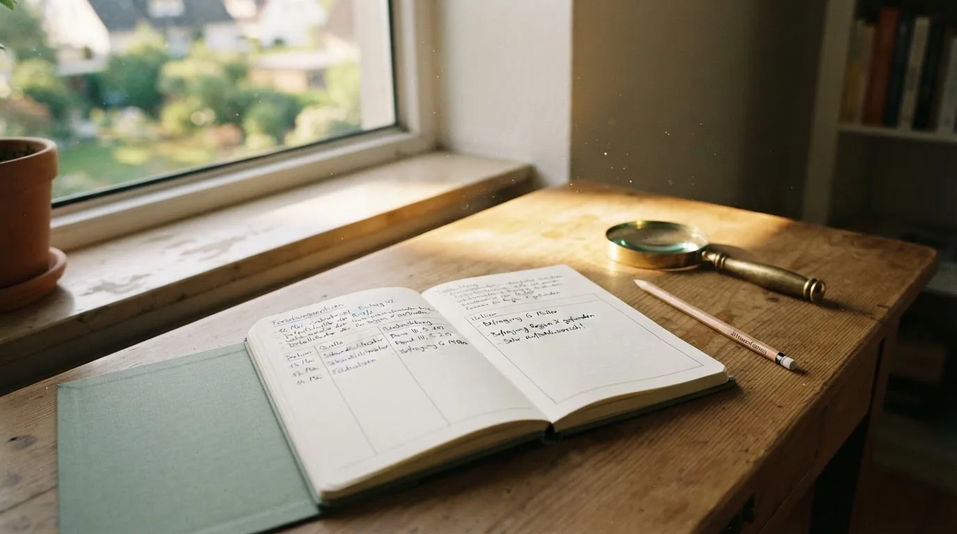 Ein schmaler Schreibtisch am Fenster mit einem Notizbuch, einer Lupe und einem Bleistift im Morgenlicht.