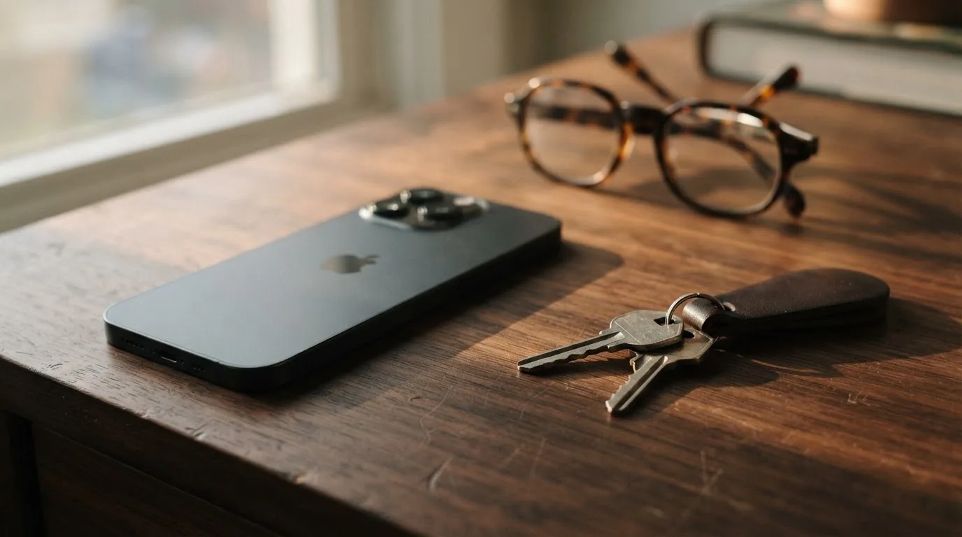 Ein Smartphone liegt mit dunklem Display auf einem Schreibtisch neben einem Schlüsselbund und einer Brille.