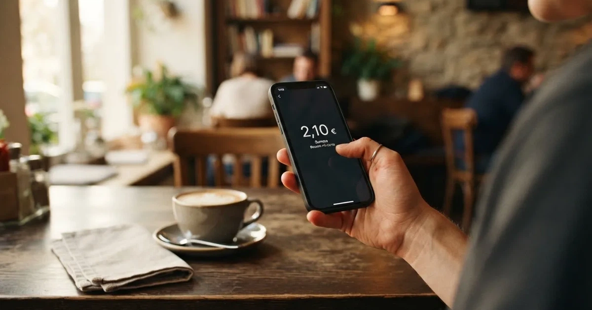 Eine Hand hält ein Smartphone mit dunklem Display, im Hintergrund unscharf ein Café-Tisch mit einer Tasse.