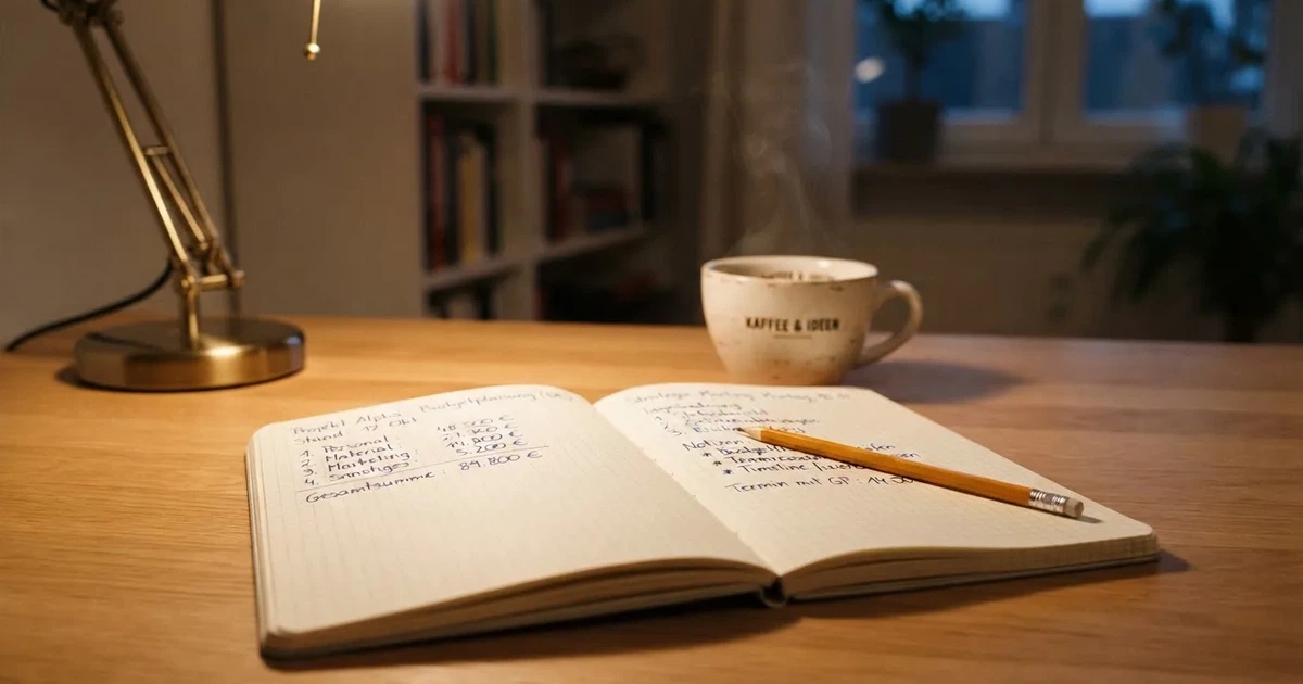Handschriftliche Zahlenkolonnen in einem Notizbuch, daneben ein Bleistift und eine Tasse Kaffee auf hellem Holz.