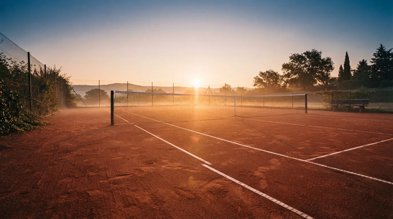 Ein Tennisplatz aus Sand bei Sonnenaufgang, das Netz im Gegenlicht, kein Mensch zu sehen.