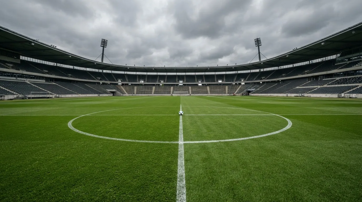 Ein Fußball liegt auf dem Anstoßpunkt eines leeren Rasenplatzes, im Hintergrund eine ruhige Tribüne unter bedecktem Himmel.