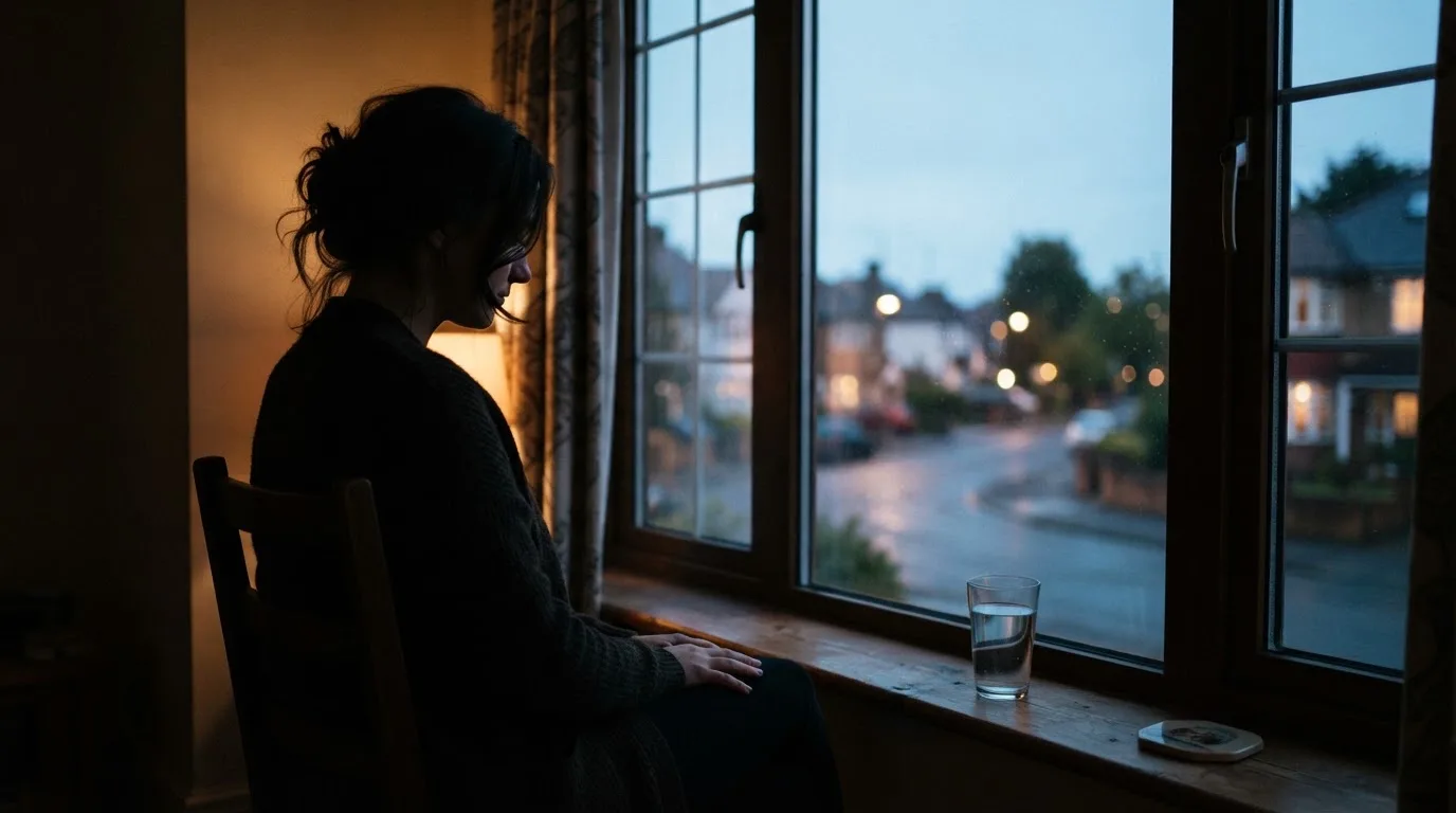 Die Silhouette einer Person sitzt am Abend am Fenster und blickt auf eine Straße, auf dem Fensterbrett steht ein Glas Wasser.