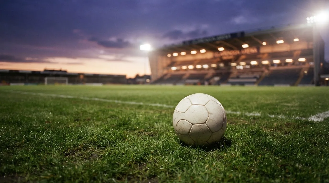 Ein Fußball liegt auf dem Rasen eines leeren Platzes, im Hintergrund ein Stadion unter Flutlicht in der Abenddämmerung.