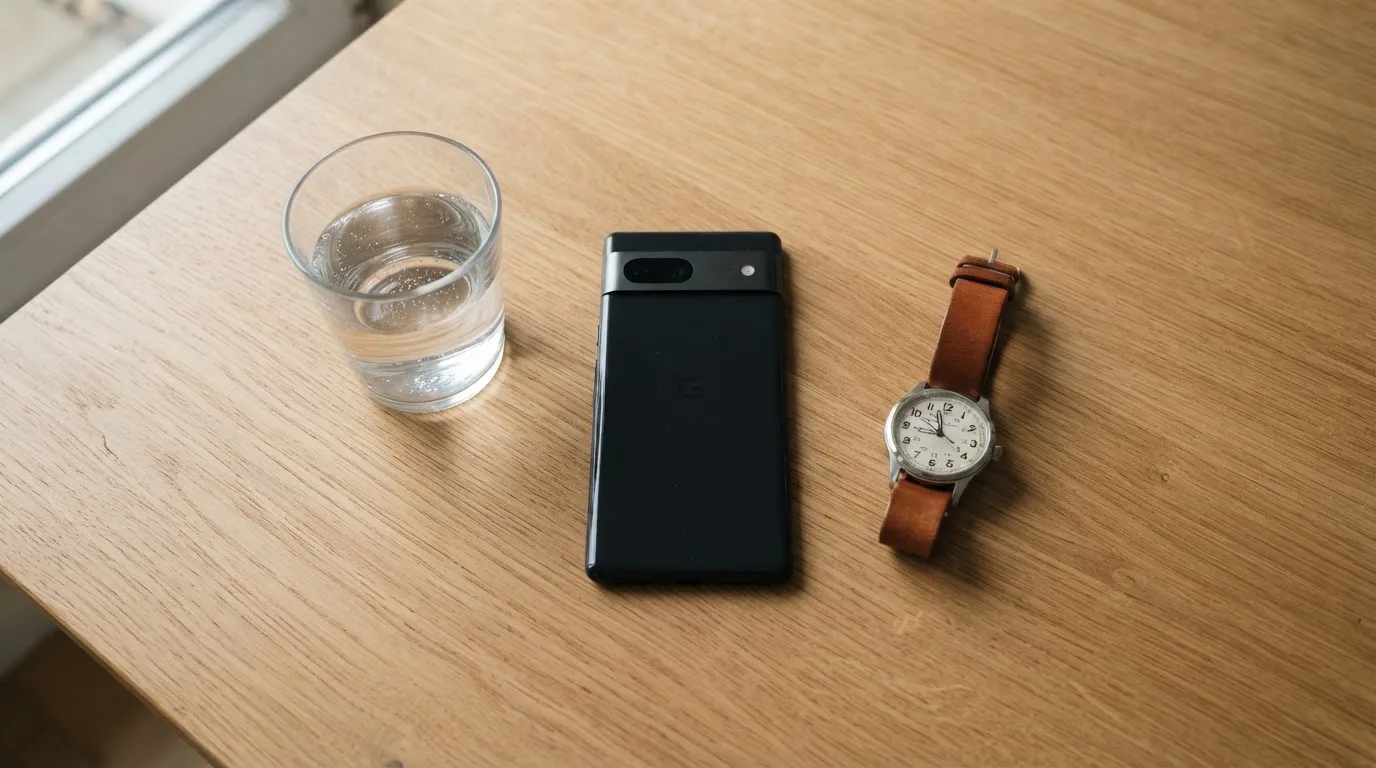 Ein Smartphone liegt mit dem Display nach unten auf einem Küchentisch, daneben stehen ein Glas Wasser und eine Armbanduhr.