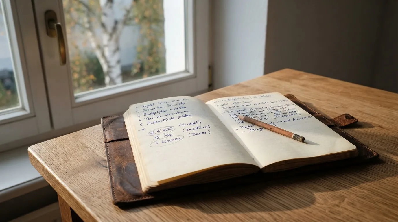 Ein Notizbuch mit handschriftlichen Notizen und ein Bleistift liegen auf einem Schreibtisch am Fenster, draußen fällt Morgenlicht herein.