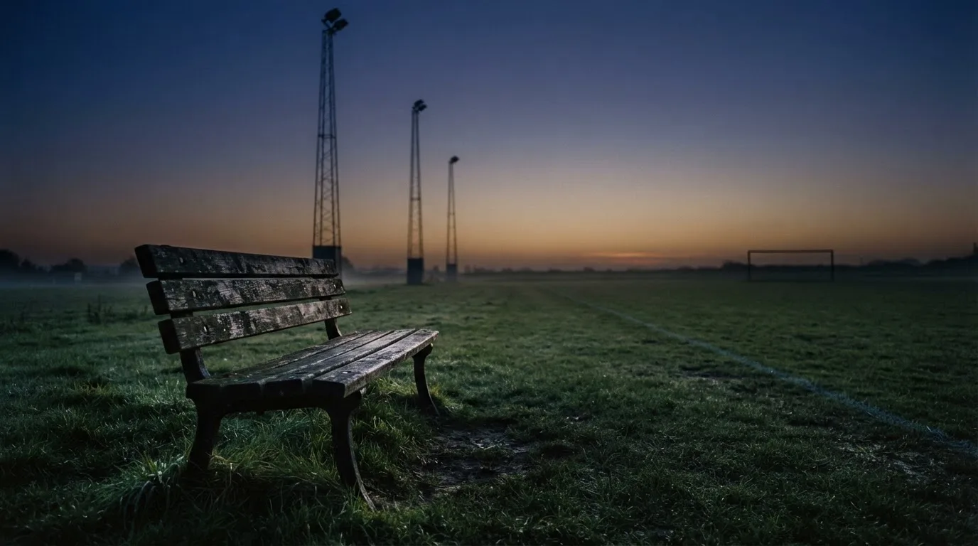 Eine leere Parkbank am Rand eines Fußballfelds in der Abenddämmerung, im Hintergrund ragen dunkle Flutlichtmasten in den Himmel.