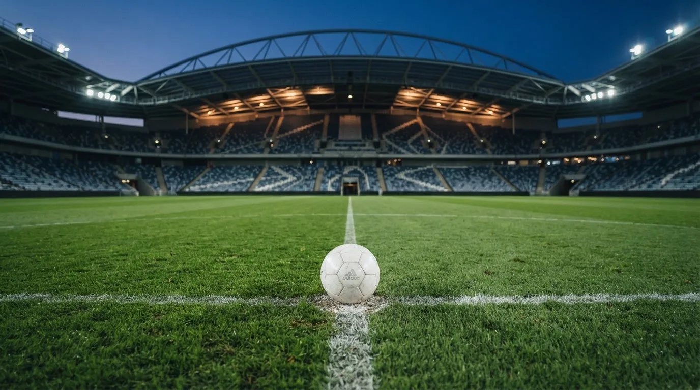 Ein Fußball liegt auf dem Anstoßpunkt eines leeren Rasenplatzes, im Hintergrund steht ein Stadion unter Flutlicht in der Dämmerung.