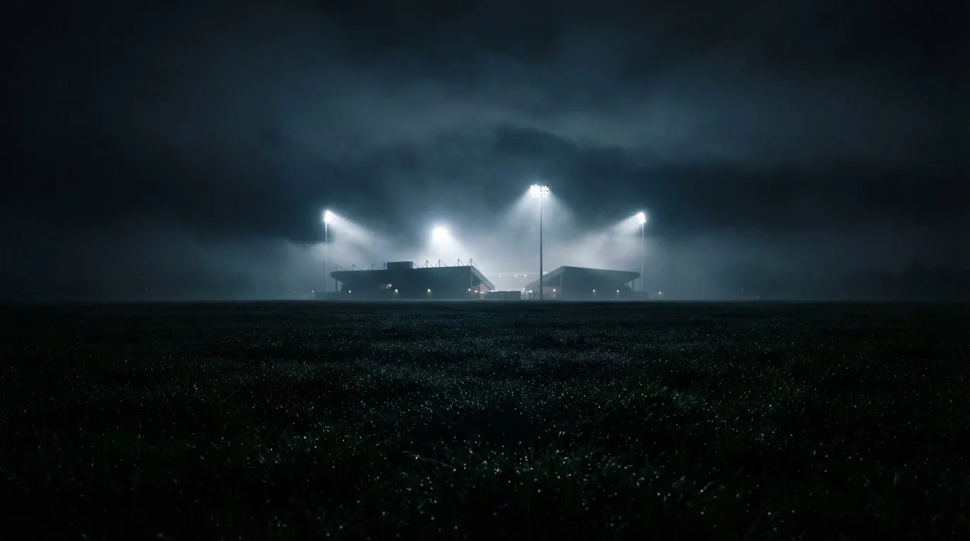 Ein Stadion unter Flutlicht, aus großer Entfernung über eine dunkle Wiese fotografiert, am Himmel zieht Nebel auf.