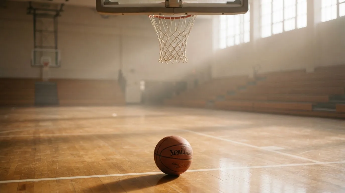Ein Basketball liegt auf dem Hallenboden unter einem Korb, das Netz hängt ruhig, Morgenlicht fällt durch hohe Fenster.