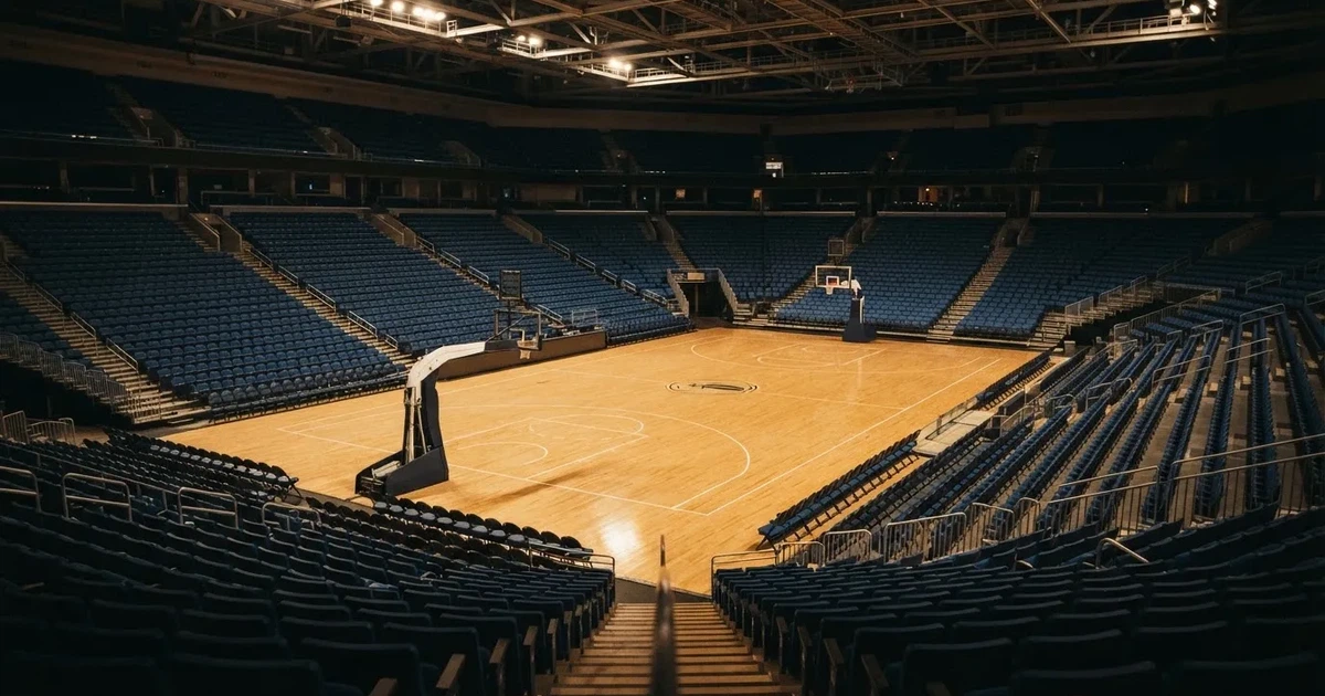 Eine leere Basketballhalle von einer oberen Tribünenreihe aus gesehen, Parkett und Körbe im Licht der Hallenstrahler.
